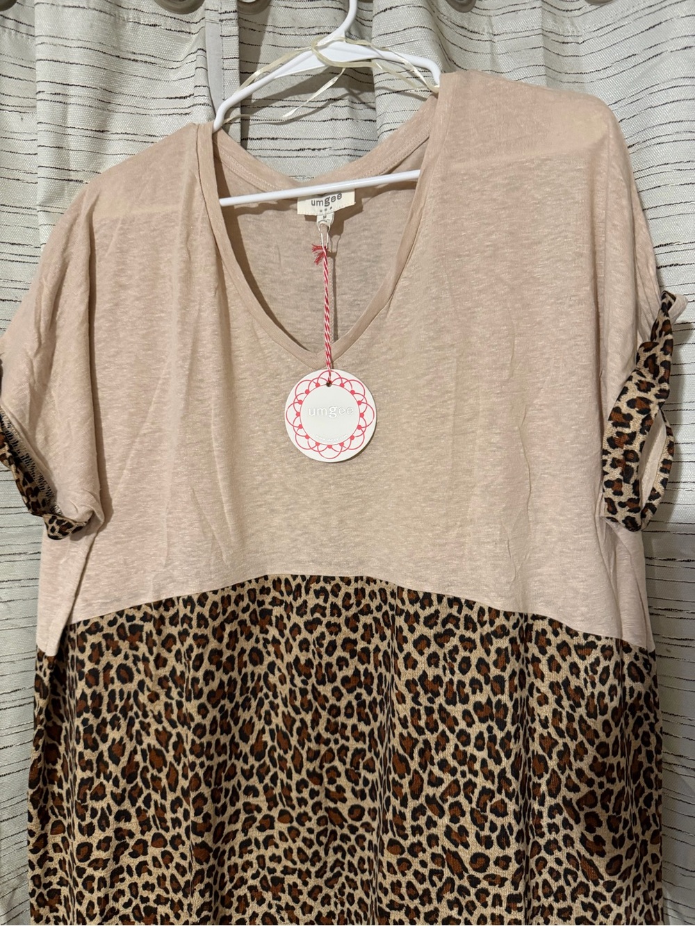 NWT M oversized Umgee Olive Green Linen Blend Colorblock Leopard Midi Dress. - Picture 3 of 4